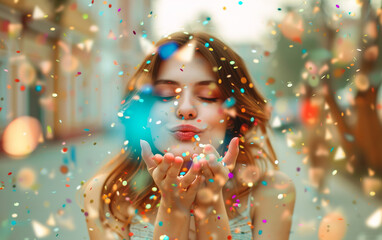Naklejka premium beautiful defocused woman blow confetti from hands. celebration and event concept