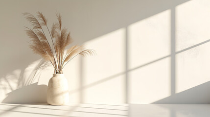 Beige reeds in vase standing on white table with beautiful shadows on the wall. Minimal, styled concept for bloggers - obrazy, fototapety, plakaty