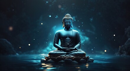 Glowing buddha statue, Surreal light beam sacral illustration