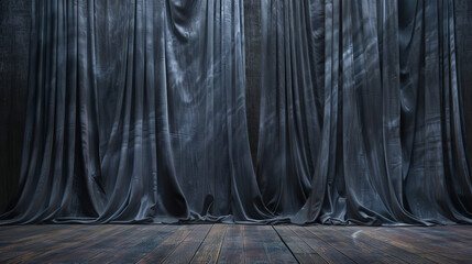 charcoal color stage curtains theater drapes and wooden stage flor - obrazy, fototapety, plakaty