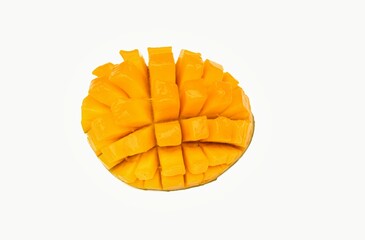 Closeup of Mango Cube Cut Isolated on White Background with Copy Space in Horizontal Orientation