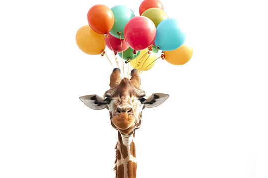 Colorful greeting card for birthday or other festive events. Funny smiling baby giraffe in cartoon watercolor style on a light background with copy space.
