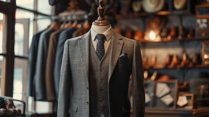 Men's shirt in the form of grey suits on a mannequin in the atelier - obrazy, fototapety, plakaty