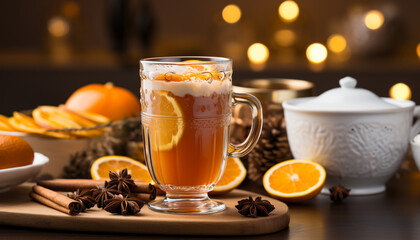 Hot drink on wooden table brings warmth in winter season generated by AI