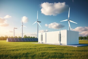 Concept of a modern high-capacity battery energy storage system in a container located in the middle of a lush meadow with a forest in the background.