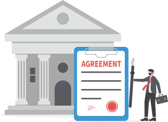 Obligation, debt or bank loan responsible to pay back with interest rate, legal money credit or borrowing document with signature concept, businessman signing signature on obligation banking document.