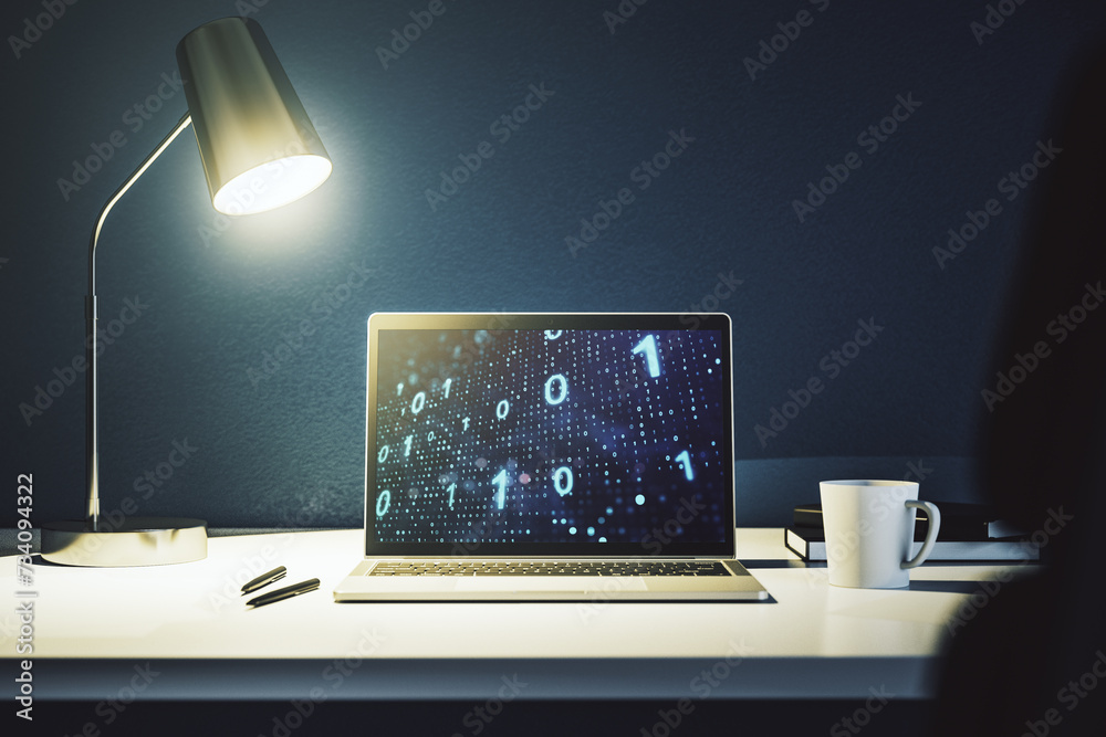 Aufkleber Modern computer monitor with creative abstract binary code hologram. Database and programming concept. 3D Rendering