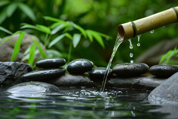 Water gently cascades from a bamboo shoot, landing softly on an arrangement of smooth, polished Zen stones