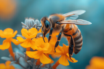 Honey bee collects pollen from flower, close up of insect, beekeeping or apiculture