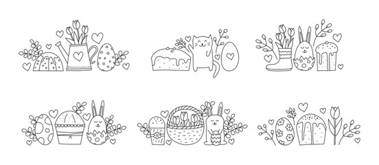 Set of compositions with doodle Easter icons. - obrazy, fototapety, plakaty
