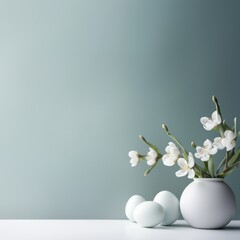 There is a vase with flowers and eggs on the background of a gray wall. the concept of a bright Easter. Space for text, greetings.