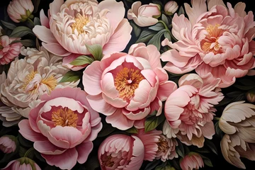 Wandcirkels aluminium Top view of a cluster of peonies, their lush and full blooms providing a luxurious space for your heartfelt words. © Kanwal