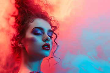 Portrait of high fashion model girl with beautiful hairstyle and make up in colorful bright smoke lights