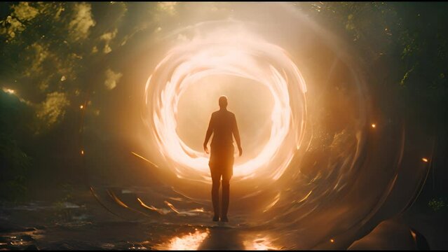 Human soul moves in the abstract circle surrounded by light and energy portal. Another world. Afterlife, immortality spirituality concept. Spirit travelling through time