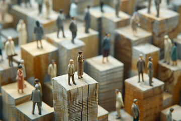 miniature figures of business people on wooden blocks - obrazy, fototapety, plakaty