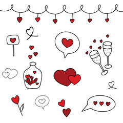 Set for Valentine's Day with hearts. A set of hearts, glasses with champagne, messages, flowers, a garland and a jug with hearts. Hand drawn