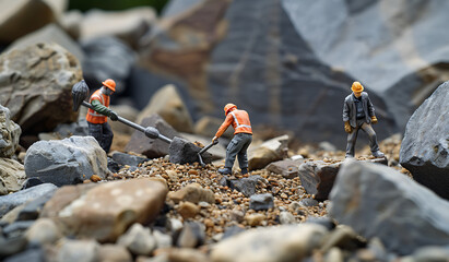 miniature figurines in front of rocks working in the 