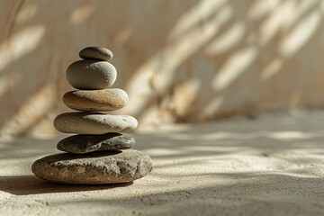 Fototapeta na wymiar Spa, balance, meditation and zen minimal modern concept. Close-up of stacked stones on retaining wall