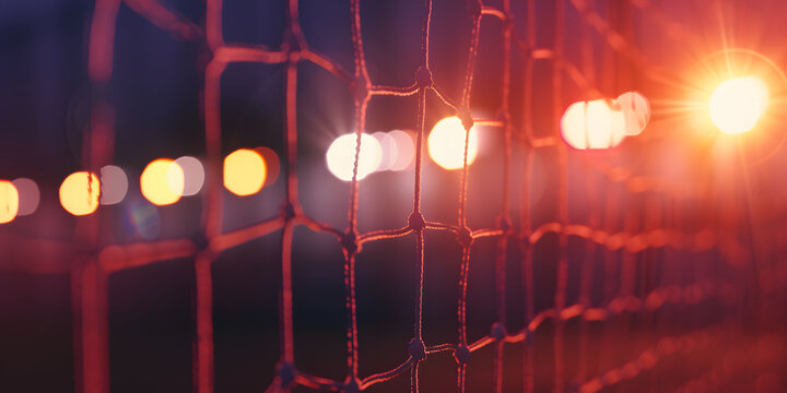 Fu&szlig;balltor-Fokus: Verschwommener Hintergrund mit Bokeh-Effekt und Netz im Vordergrund