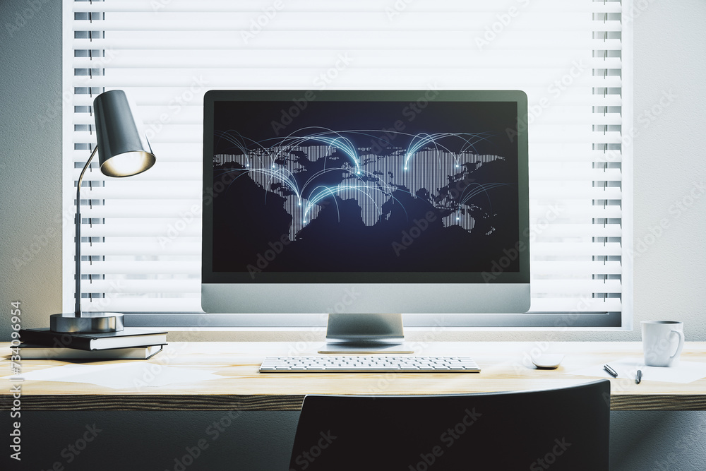 Leinwandbilder modern computer monitor with abstract digital world map with connections, research and strategy conc