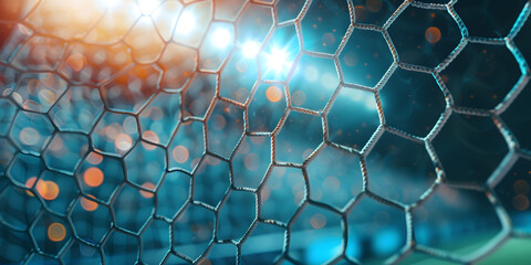 Fußballtor-Fokus: Verschwommener Hintergrund mit Bokeh-Effekt und Netz im Vordergrund