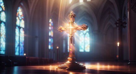 Glowing catholic cross, Surreal light beam sacral illustration