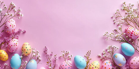 easter pink background simple minimalist. easter egg with flower. free space for text in the middle.