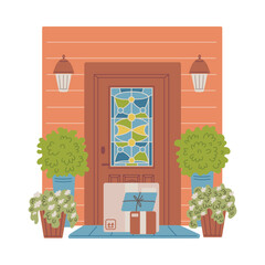 Front door of a house with parcels and mail on threshold, flat vector isolated.