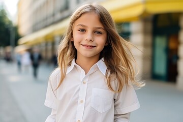 Portrait of a cute little girl with long hair in the city