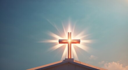 Glowing catholic cross, Surreal light beam sacral illustration