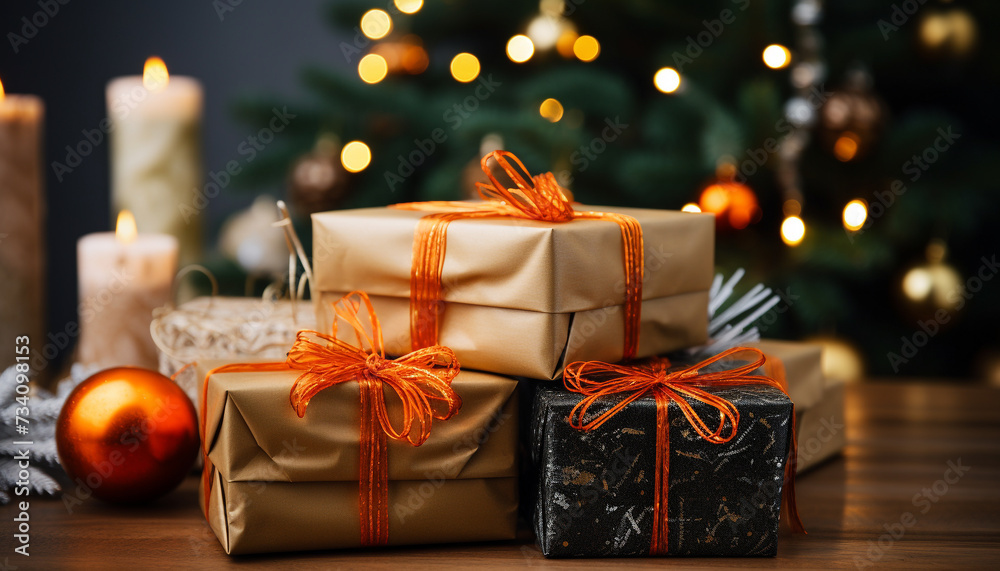 Sticker Wrapped gift box on wooden table with Christmas decorations generated by AI