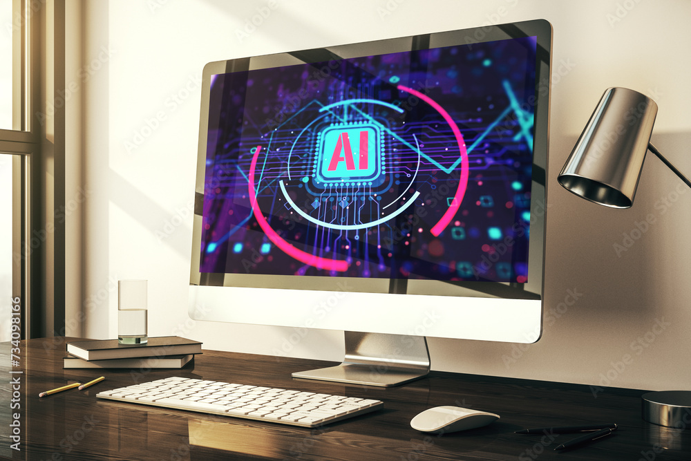 Poster Computer monitor with creative artificial Intelligence abbreviation. Future technology and AI concept. 3D Rendering