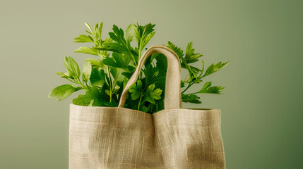 Eco shopper bag with parsley in it on green background. Concept of green living, sustainable lifestyle, eco-friendly product marketing