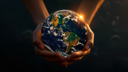 Hands holding the glowing Earth. Dark background. Concept of environmental campaigns, educational content on sustainability, or global unity 