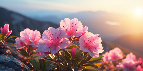 Rhododendron flowers blooming in the mountains. Nature background