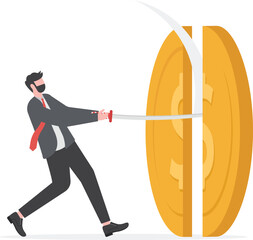Businessman cut the gold coin with a sword. Lose money investment in financial crisis

