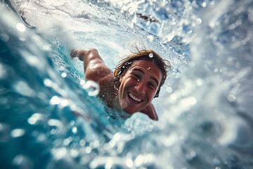 Surfer Riding Wave. Surfer halfway through a duck dive.