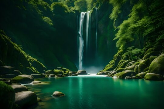 Pristine waterfalls weaving through a tapestry of green mountains, painting a tranquil landscape.