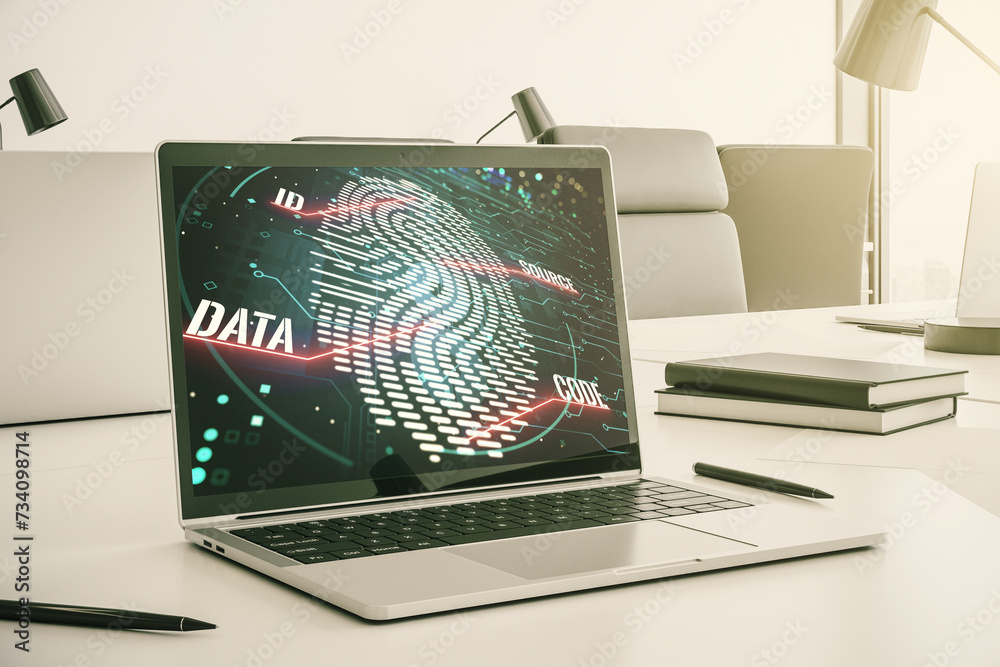 Poster Modern computer screen with creative fingerprint hologram, personal biometric data concept. 3D Rendering