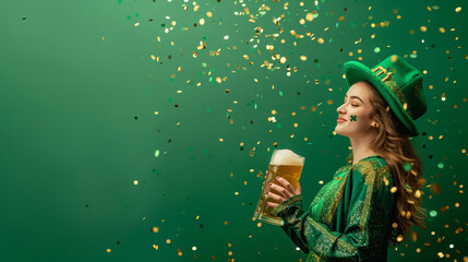 st patrick's day background with free space for text. woman holding a large glass of beer. wearing leprechaun costume with hat. gold and green confetti clover.