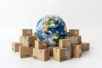 Cardboard boxes delivered around the world - global shipment Delivery and cargo transportation in the world. Worldwide shipping concept.
