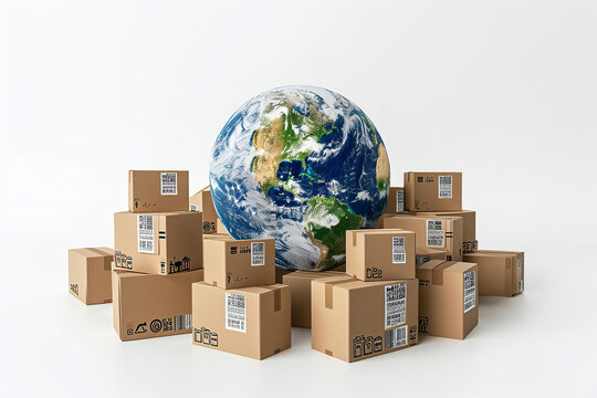 Cardboard boxes delivered around the world - global shipment Delivery and cargo transportation in the world. Worldwide shipping concept. - Powered by Adobe