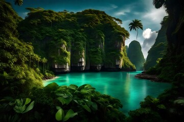 A secluded, emerald-green lagoon framed by towering cliffs and lush vegetation in a tropical paradise. - obrazy, fototapety, plakaty