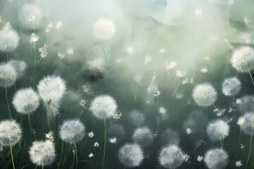 Top view of a field of dandelions, their white fluffy heads creating a dreamy and whimsical space for your words.