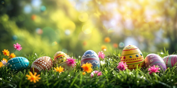 eggs with cute paintings on the grass. easter day background concept with free space for text in the middle.