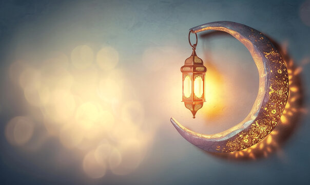 ramadan eid mubarak simple minimalist background. shinny crescent moon and hanging lantern in white gold neutral background.