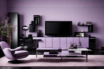 A sleek ebony entertainment center against a soft lavender wall.