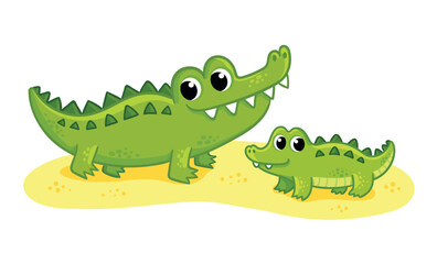 Cute crocodiles family on a white background. Vector illustration with two cute mom and baby crocodiles - 734099933