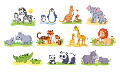 Mom and baby animals. Elephant, zebra, lion, penguin, tiger, giraffe, hippo, panda, families cartoon vector illustration.