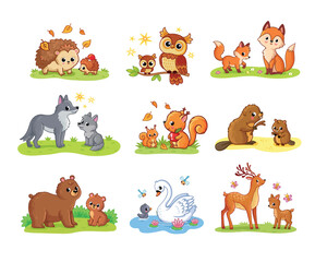 Mother and cubs of forest animals. Forest families-bear, fox, hedgehog, owls, wolf, deer, squirrel, beaver, swan, in cartoon style. Vector illustration